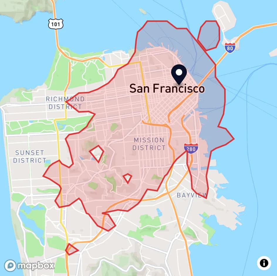 Map of San Francisco shading the area reachable within 30 minutes by public transit from the Financial District.