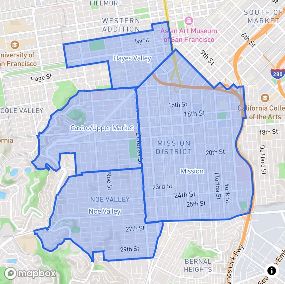 Map of San Francisco with the Mission, Hayes Valley, Castro/Upper Market, and Noe Valley neighborhoods highlighted in blue.